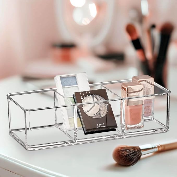 Amazing Abby - Glamour - Acrylic 3-Compartment Makeup Organizer, Transparent Plastic Lipstick Holder, Perfect Bathroom Vanity Storage Solution for Lipsticks, Nail Polishes, and More-NeatNest