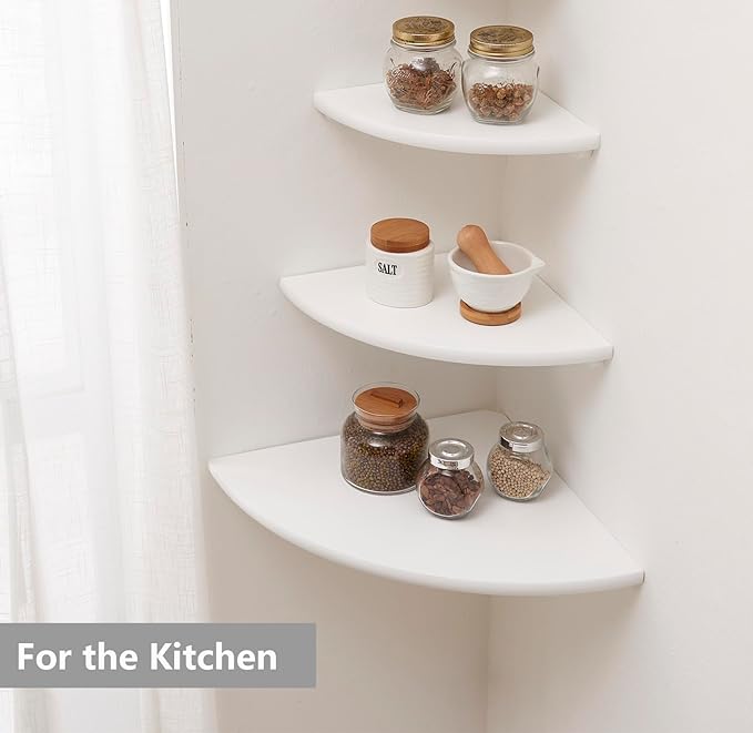 Corner Shelf, White Solid Oak Wood Floating Corner Shelves Wall Mount Round End Floating Speaker Rack for Small Plant Photo Frame (White, 8.6in)-NeatNest