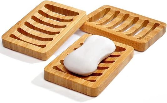 3 Pack Bamboo Wood Soap Dish Bar Soap Holder with Self Draining Tray Natural Waterfall Drain Soap Saver for Shower Bathroom Kitchen-NeatNest
