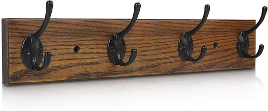 Coat Rack Wall Mounted, Wall Coat Rack with 4 Rustic Coat Hooks, 17” Entryway Ash Wood Coat Hanger Rail Hooks for Hanging Coats Hats, Perfect for Bedroom Bathroom Kitchen-NeatNest