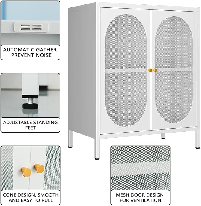 2 Door Metal Mesh Storage Cabinet with 1 Adjustable Shelves-Steel Locker Cabinet for Living Room, Bedroom, Hallway, Office Room, Home, Hotel, Kitchen, Garage, 2-Tier (Mesh Door, White)