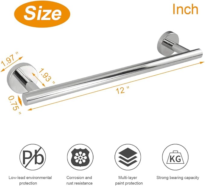 TocTen Bath Towel Bar - Thicken SUS304 Stainless Steel Bathroom Towel Holder, Towel Rod for Bathroom Heavy Duty Wall Mounted Towel Rack Hanger (12IN, Chrome)