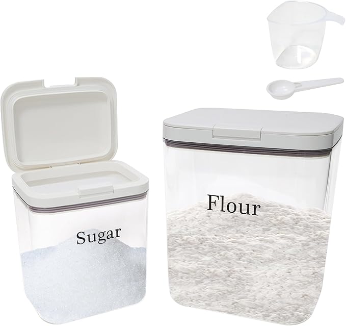 Flour Sugar Storage Containers 2 Pc,Airtight Food Containers Storage with One-Press Lid,BPA Free Pantry Organizers Storing with Scoop and Ceasuring Cups for Kitchen,Cereal,Rice,Pasta,Baking Supplies