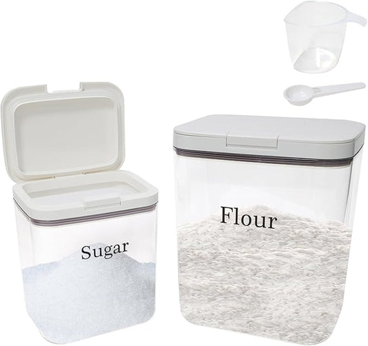 Flour Sugar Storage Containers 2 Pc,Airtight Food Containers Storage with One-Press Lid,BPA Free Pantry Organizers Storing with Scoop and Ceasuring Cups for Kitchen,Cereal,Rice,Pasta,Baking Supplies