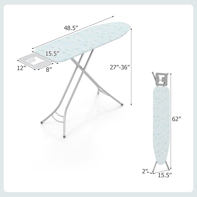 GOFLAME Folding Ironing Board, Height Adjustable Ironing Board w/Iron Rest, Removable Cover, Sturdy Metal Frame, 48.5" x 15.5" Compact & Portable Ironing Board for Household (Turquoise)