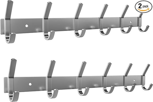 Coat Rack Wall Mount – Brushed Nickel 17 Inch Stainless Steel Hook Rail with 6 Heavy Duty Double Coat Hooks – Wall Mounted Coat Hanger for Entryway, Bathroom, Bedroom, Towel, Hat Organizer - 2 Pack-NeatNest