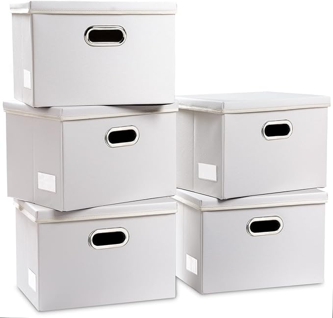 PRANDOM Foldable Storage Bins with Lids [5-Pack] Leather Fabric Collapsible Storage Boxes Organizer Containers Baskets Cube with Cover for Bedroom Closet Office Nursery White (14.9x10.8x10)-NeatNest