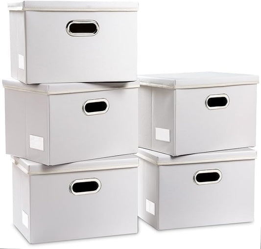 PRANDOM Foldable Storage Bins with Lids [5-Pack] Leather Fabric Collapsible Storage Boxes Organizer Containers Baskets Cube with Cover for Bedroom Closet Office Nursery White (14.9x10.8x10)-NeatNest