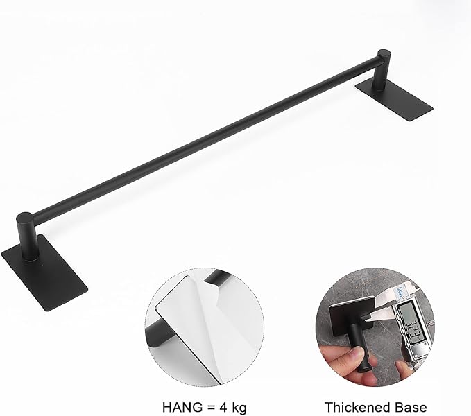 NearMoon Self Adhesive Bathroom Towel Bar- Stainless Steel Bath Wall Shelf Rack Hanging Towel Stick On Sticky Hanger Contemporary Style, NO Drilling (2 Pack, Matte Black, 16-Inch Towel Rack)