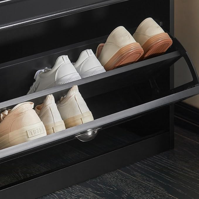 Haotian Black Hallway Shoe Bench, Narrow Shoe Rack Entryway, Small Shoe Cabinet with Flip-Drawer and Seat Cushion, FSR82-K-SCH-NeatNest