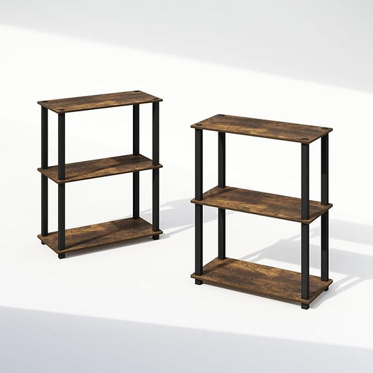 Furinno Turn-S-Tube 3-Tier Compact Multipurpose Shelf Display Rack with Square Tube, Amber Pine/Black, Set of 2-NeatNest