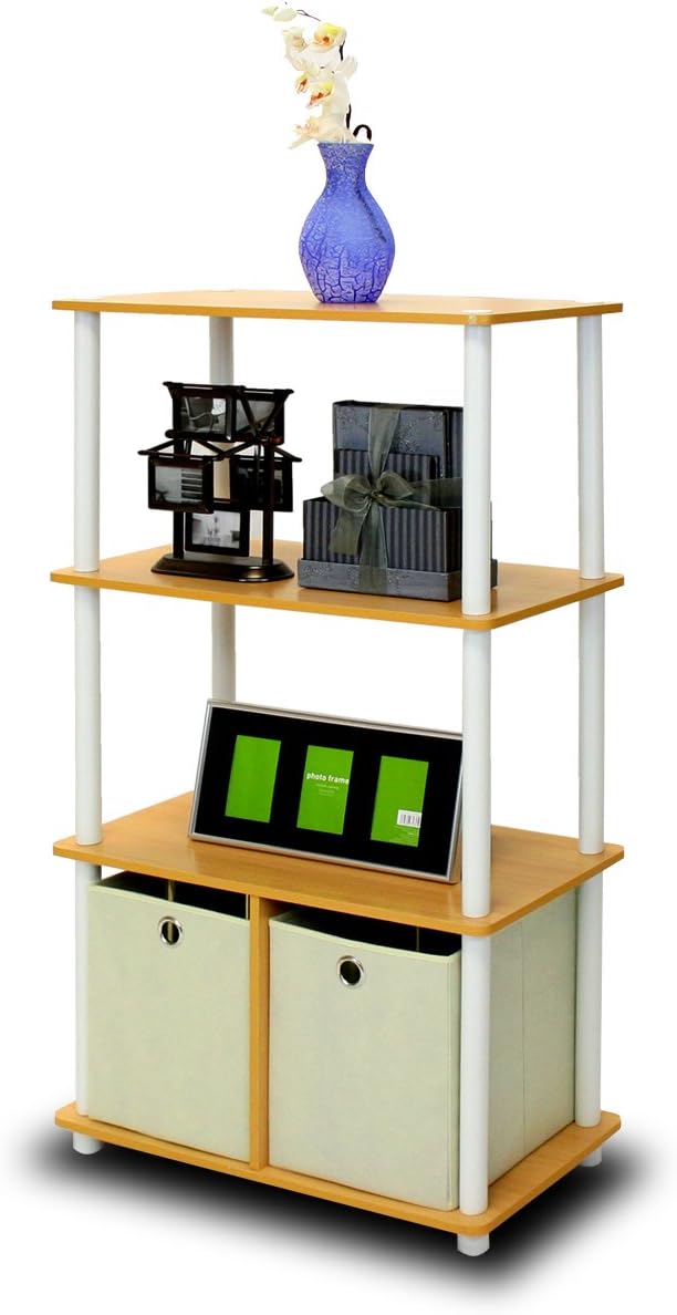 Furinno NW889BE/WH Go Green 4-Tier Multipurpose Storage Rack w/Bins, Beech/White-NeatNest