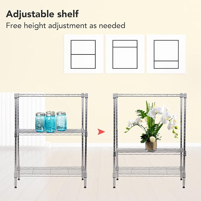 BestOffice 23Lx13.2Wx30.2H Adjustable Metal Storage Shelves 3-Tier Wire Shelving Unit Organizer Wire Rack 450Lbs Capacity for Small Places Kitchen Garage,Chrome-NeatNest