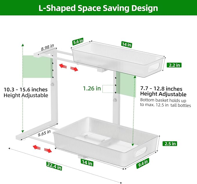 2 Pack Under Sink Organizer, Pull Out Cabinet Organizer 2 Tier Slide Out, Under Sink Organizers and Storage Height Adjustable for Kitchen Bathroom Cabinet, Metal-NeatNest