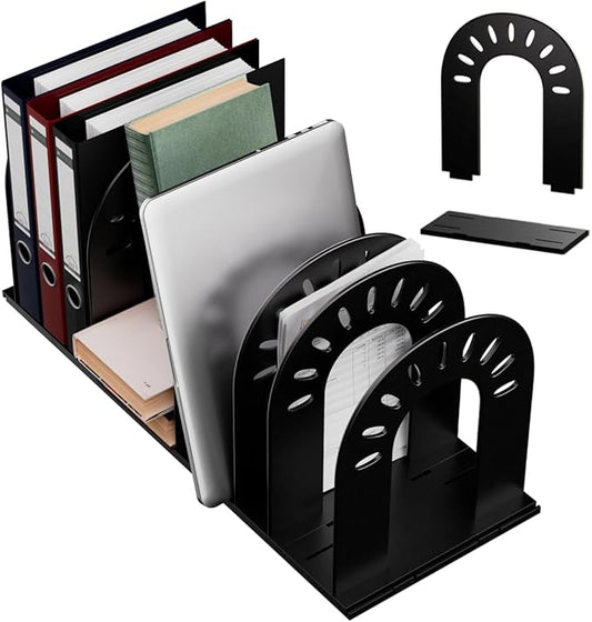 Adjustable File Organizer for Desk, Sturdy Plastic Expandable Upright File Holder for Notebooks, Magazines, Desktops, Bookshelves and Offices, Easy to Assemble and Expand (Black)
