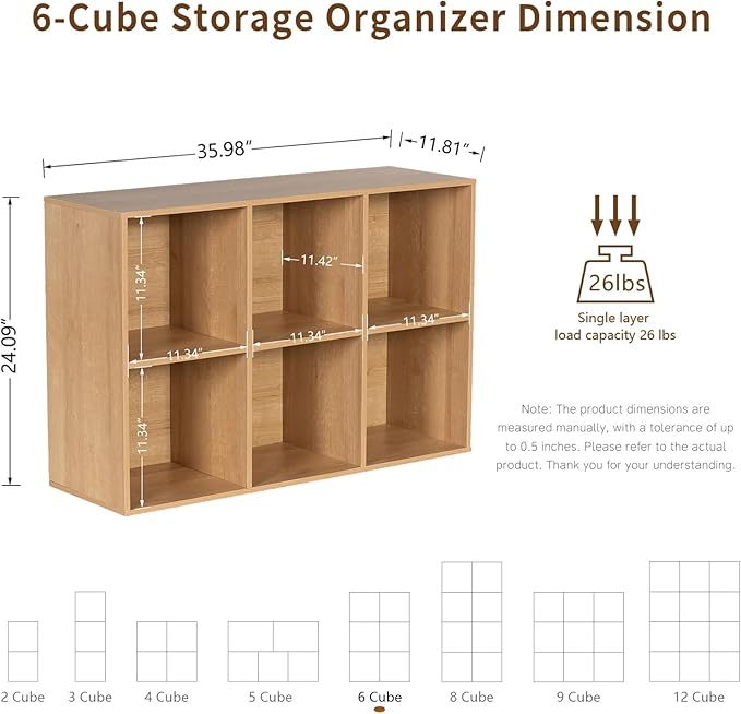Wooden 6-Cube Storage Organizer with Closed Back Panel, 11in Cube Shelf Opening, Bookshelf, Display Shelf,Closet Cabinet for Home and Office,Natural Oak