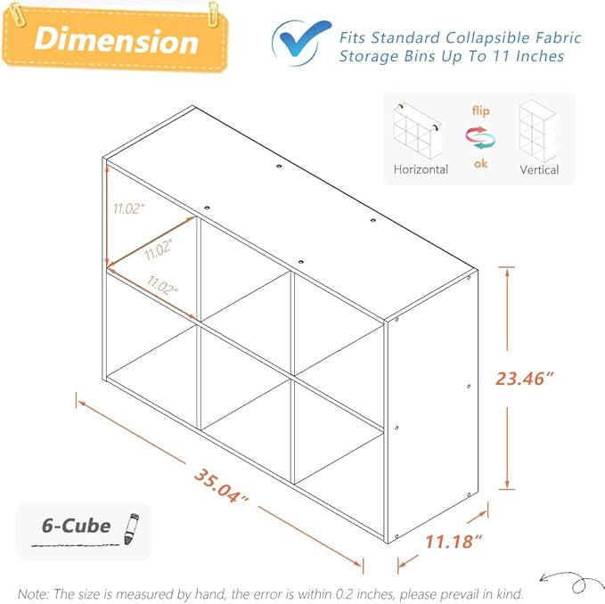 6 Cube Organizer Bookcase - Fabric Storage Bins Container, Open Shelf Simple Compartments Bookshelf, Oak