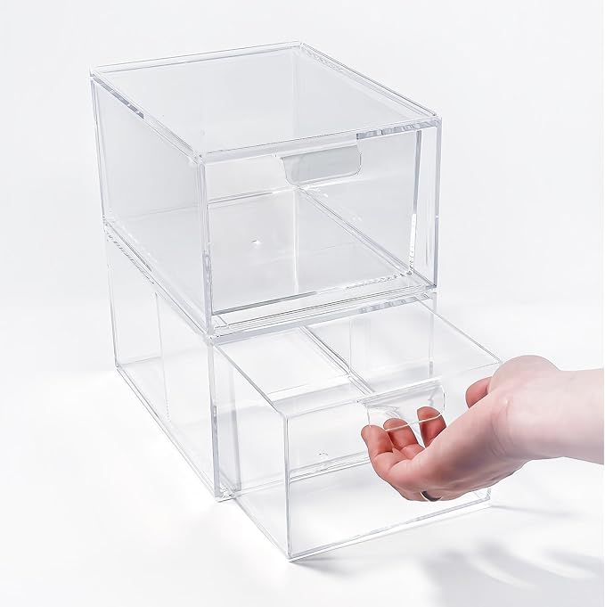 2 Pack Clear Stackable Makeup Organizer, Acrylic Bathroom Storage Drawers with Handles for Vanity, Kitchen Cabinets, Undersink, Pantry, Home Organization and Storage-NeatNest