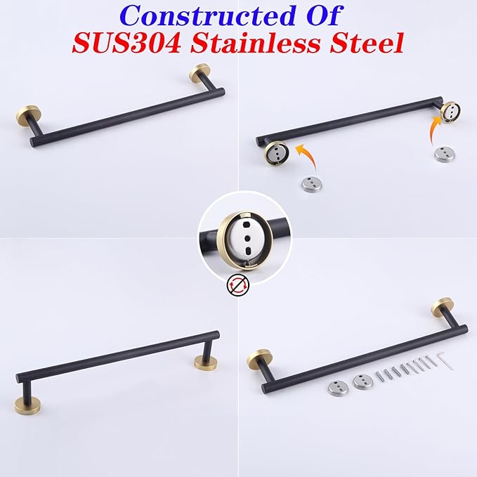 GERZWY SUS 304 Stainless Steel 18-Inch Bathroom Towel Bar Modern Round Style Bath Towel Bar Wall Mount (Black & Gold) AG1101C45-BD