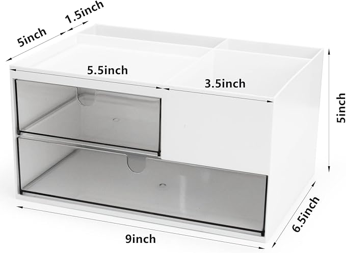 Desk Drawer Organizer, Desk Storage Box with 2 Drawers and 4 Compartments, Multifunctional Desk Accessories & Countertop Organizers for Office School Home (White-NeatNest