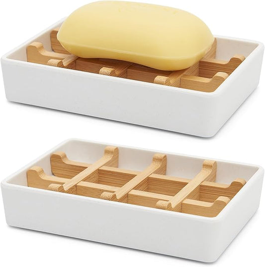 Bamboo Soap Dishes for Shower Wooden Soap Bar Holder for Bathroom Soap Tray Easy to Clean, Durable and with Non-Slip Pads(Single White Square)-NeatNest