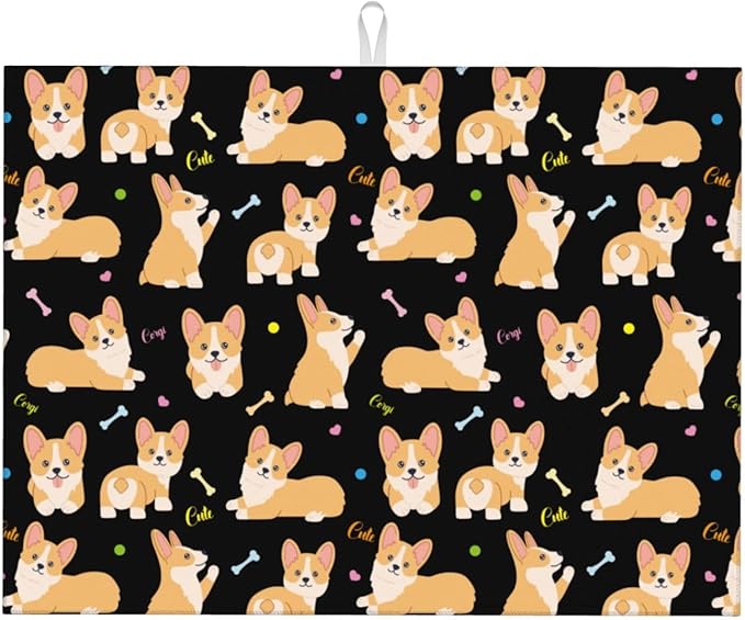 Cute Corgi Dish Drying Mat 18 x 24 Inch for Kitchen Counter Cute Kitchen Mat Microfiber Kitchen Countertop Absorbent Reversible Drainer Rack Pad Dish Drying Mat-NeatNest