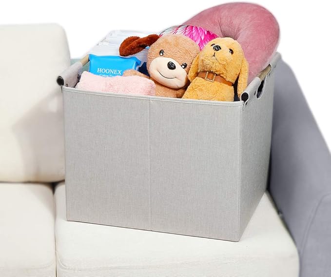 HOONEX Large Foldable Storage Bins, Linen Fabric, 2 Pack, with Wooden Carry Handles and Sturdy Heavy Cardboard, for Home, Office, Car, Nursery, Beige