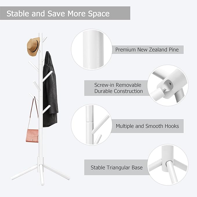 Wooden Coat Rack, Free Standing Coat Rack with 8 Hooks 3 Adjustable Heights for Clothes, Hats, Handbags, Coat Tree Easy Assembly for Entryway, Bedroom, Hallway, Office (New White)-NeatNest