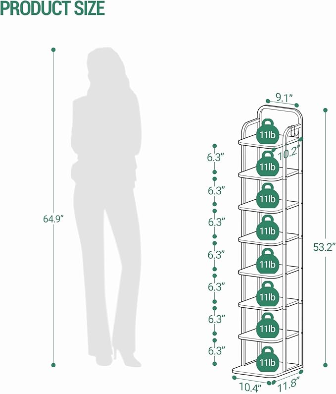 8 Tiers Vertical Shoe Rack, Narrow Shoe Tower, Tall Shoes Shelf with 2 Hooks, Adjustable Shelves, Corner Shoes Shelves for Small Spaces, Entryway, Living Room, White Gold SR04313A-NeatNest