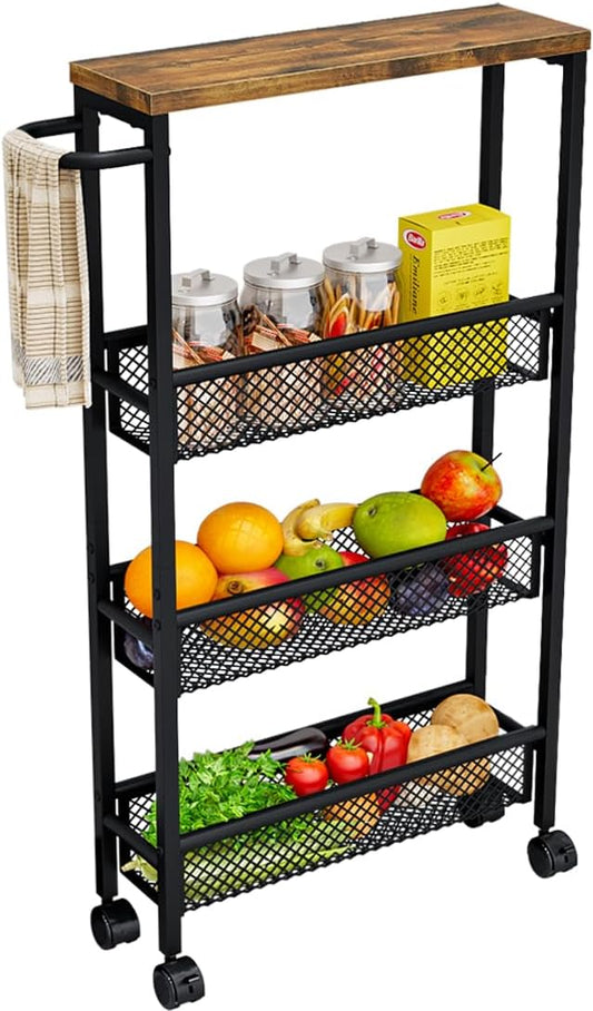 Slim Rolling Cart 4 Tier Narrow Storage Cart on Wheels with MDF Board Top and Metal Handle for Small Space Kitchen Living Room Home Office Pantry Bathroom Laundry Room(16.54×5.12×30.31 inch)