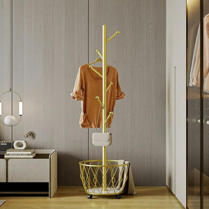 Freestanding Metal Coat Rack Stand with Basket Modern Organizer for Scarf Jacket Hat Bags Ideal for Home Entryway Bedroom Corner Stable and Moveable tree (gold)