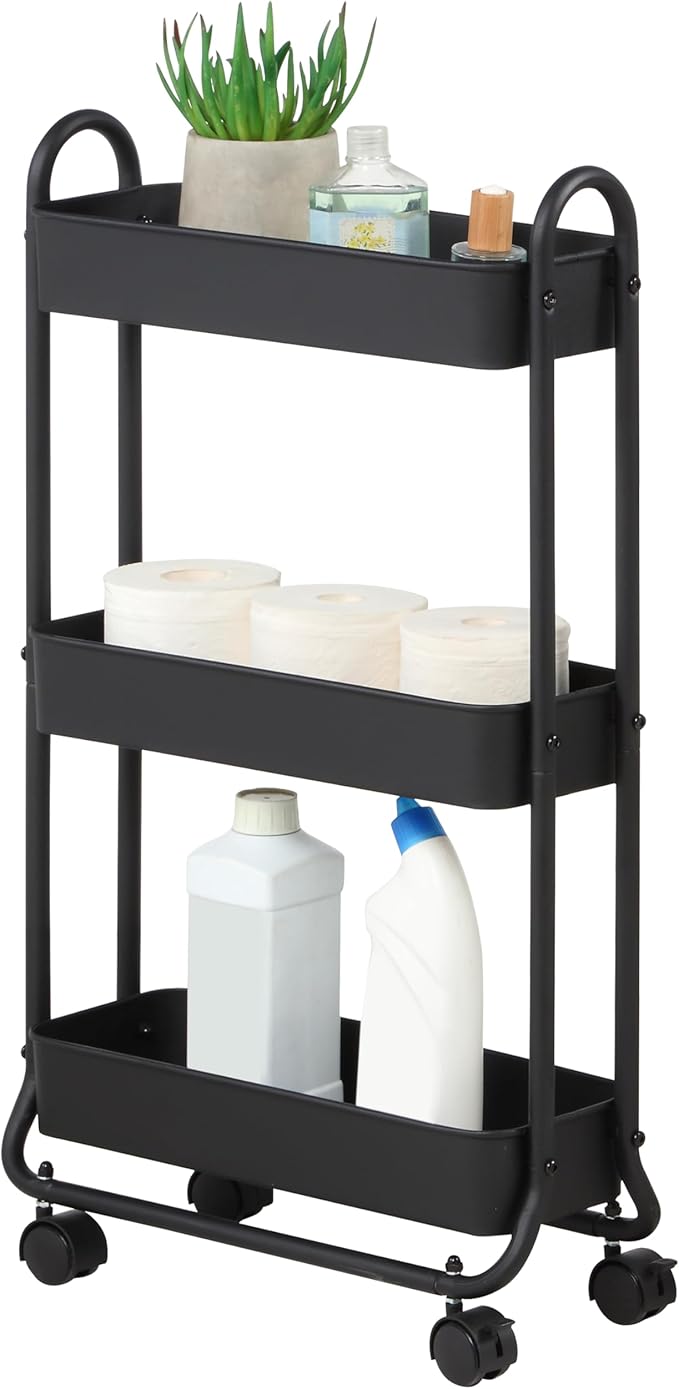 SunnyPoint Slim Rolling Storage Cart, 3 Tier Bathroom Storage Organizer Bathroom, Laundry Utility Cart (Black)-NeatNest