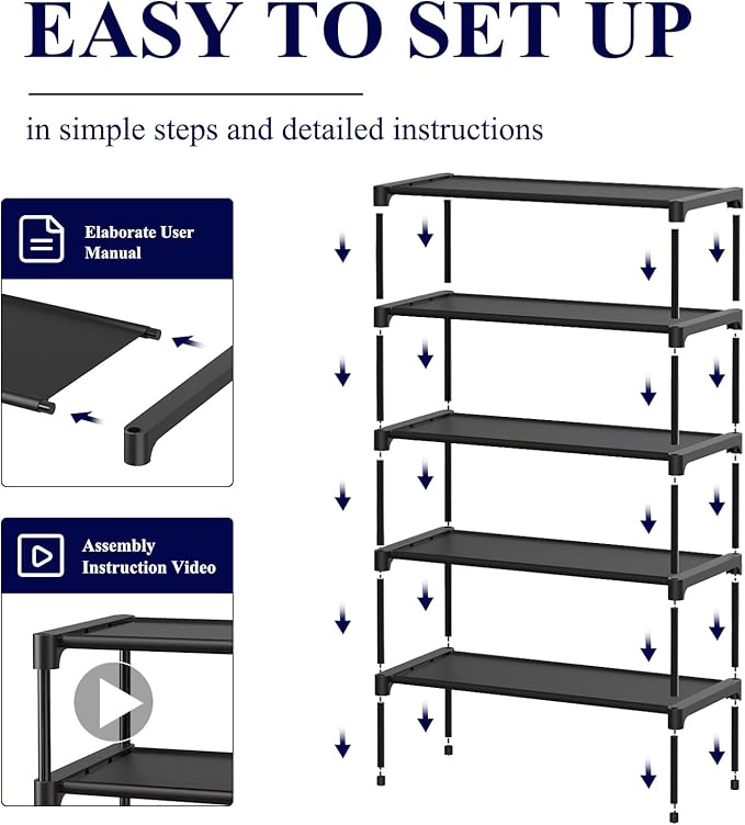 Kitsure Shoe Rack - Non-Woven Shoe Rack Shelf, Shoe Organizer for Closet, Entryway, Garage & Corridor, Stackable Shoe Shelves, 2X-Large, Black