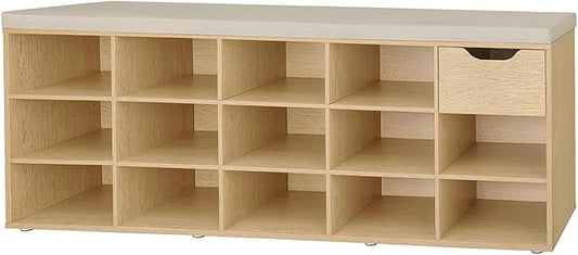 DINZI LVJ Shoe Bench, Entryway Storage Bench with Drawer and 14 Cubbies, Long Cubby Shoe Rack with Adjustable Shelves, Shoe Organizer for Living Room, Bedroom, Mudroom, Garage,Natural-NeatNest