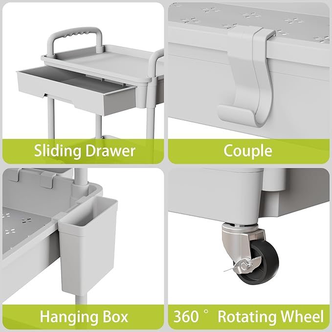 3 Tier Rolling Cart Organizer,Laundry Room Bathroom Organizers and Storage Office Shelves Mobile Shelving Unit Kitchen Trolley Cart with Wheels for Art,Craft,Diaper,Bedside,Snack(Grey)-NeatNest
