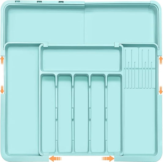 Homecor Silverware Organizer - Expandable Large Kitchen Drawer Organizer Utensil Organizer with 2 Knife Block Inserts, 22"x 19"Cutlery Tray with Drawer Dividers for Kitchen Flatware (Turquoise)