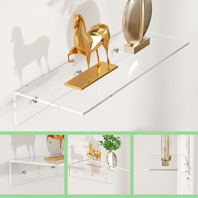 FEMELI 2 PCS 15" Acrylic Floating Shelves, Clear Shelf for Display, Plant, Perfume, Book in Bedroom Living Room Office, 5mm Thick Wall-Mounted Acrylic Shelves for Wall