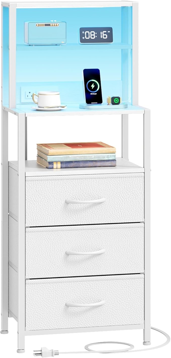 Furnulem Night Stand, Bedside Nightstand with 4-Tier Shelves and 3 Fabric Drawers, LED Bed Side Tables with Charging Station, Tall Bedside Table for Bedroom, Hallway, Office,White