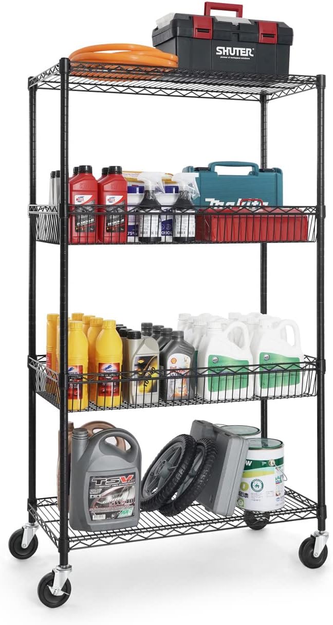 CAPHAUS NSF Commercial Heavy Duty 4 Tier Wire Shelving w/Two Rectangle Baskets, Wheels, Leveling Feet, Storage Metal Shelf, Basement Garage Shelving, Utility Wire Rack Storage Black-NeatNest