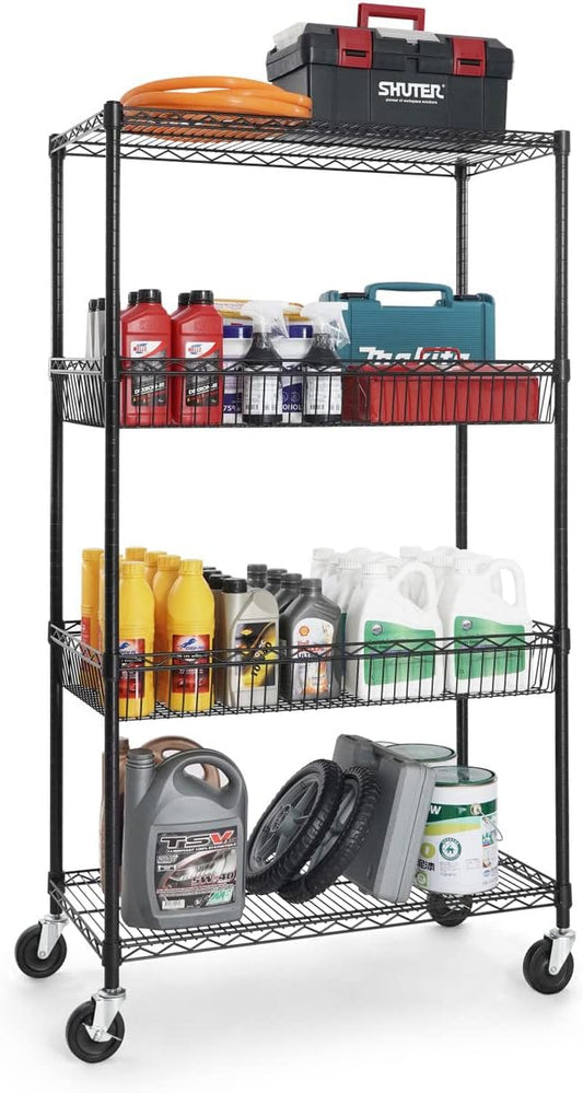 CAPHAUS NSF Commercial Heavy Duty 4 Tier Wire Shelving w/Two Rectangle Baskets, Wheels, Leveling Feet, Storage Metal Shelf, Basement Garage Shelving, Utility Wire Rack Storage Black-NeatNest