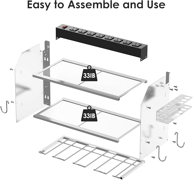 CCCEI Modular Power Tool Organizer Wall Mount with Charging Station. Garage 4 Drill Storage Shelf with Hooks, Drill Bit Heavy Duty Rack, Silver Tool Battery Holder Built in 8 Outlet Power Strip.-NeatNest