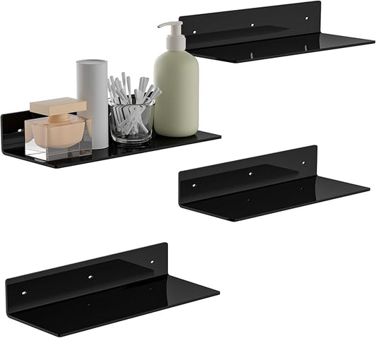 15 Inch Black Acrylic Wall Shelves 4 Pack, L Shape Floating Shelf, Corner Shelf, Perspex Wall Mounted Space Saver-NeatNest