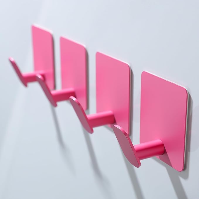 DELITON 4 Pack Hooks for Wall - Cute Kids Wall Hook Adhesive Coat Robe Towel Hooks for Bathrooms Kitchen Heavy Duty Stainless Steel, Pink-NeatNest