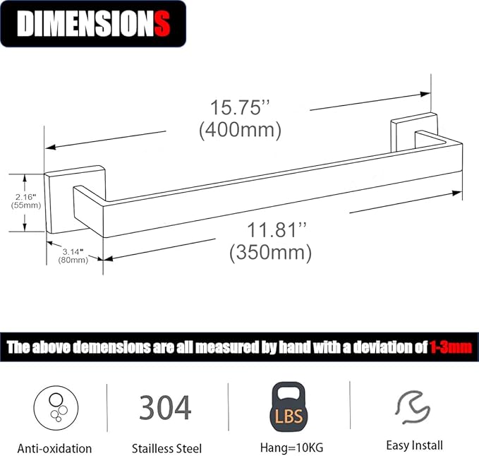 16 Inch Towel Bar for Bathroom 12/16/24/28/32/36 Inch Kitchen Towel Holder Matte Black Towel Rod Wall Mounted SUS304 Rustproof Towel Rack Modern Square Design (1, Matte Black, 16 Inch)