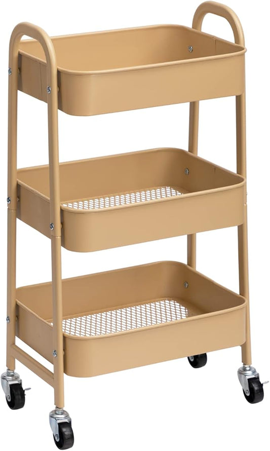 AGTEK Makeup Cart, Movable Rolling Organizer Cart, 3 Tier Metal Utility Cart with Lockable Wheels for Home & Office, Golden-NeatNest