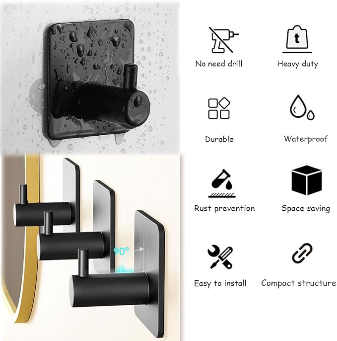 6 Pack Wall Sticky Hooks Adhesive, Self Adhesive Towel Hook, Small Stick on Hooks for Hanging Coat Key Bathrooms Kitchen, Black