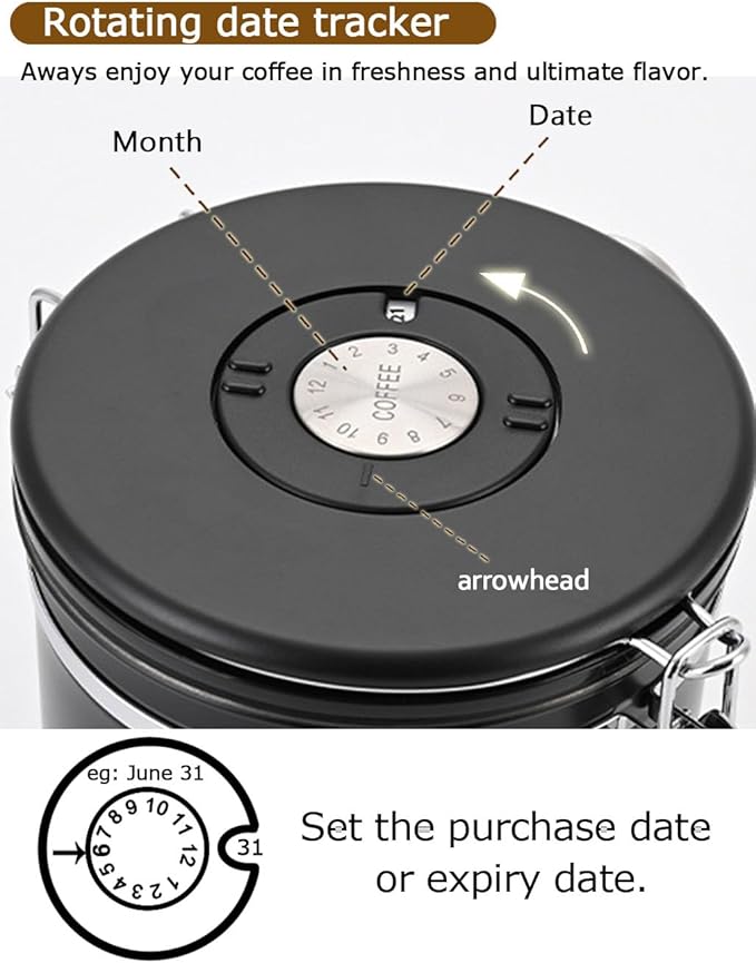 Coffee Canister Airtight Storage Container 1.8L Stainless Steel Air Tight Coffee Jar with Scoop, Date Tracker CO2 Release Valve for Dry Food, Beans, Ground, Tea, Flour, Cereal and Sugar (Silver)-NeatNest
