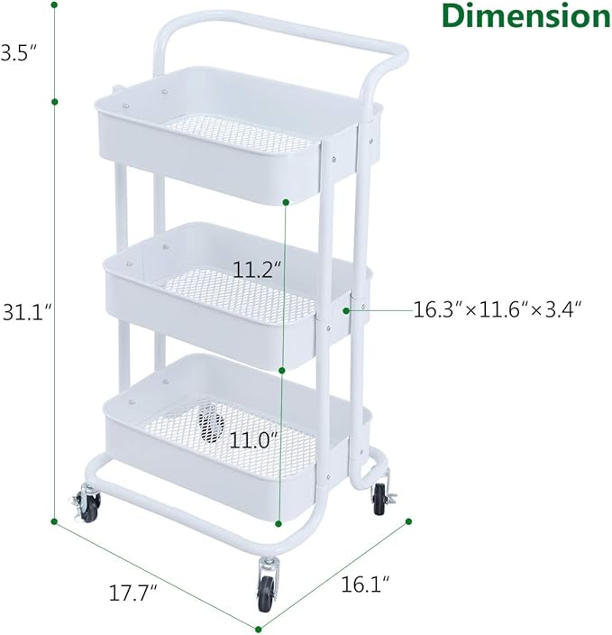 3-Tier Metal Mesh Rolling Cart Storage Organizer with Utility Handle and Wheels, White-NeatNest