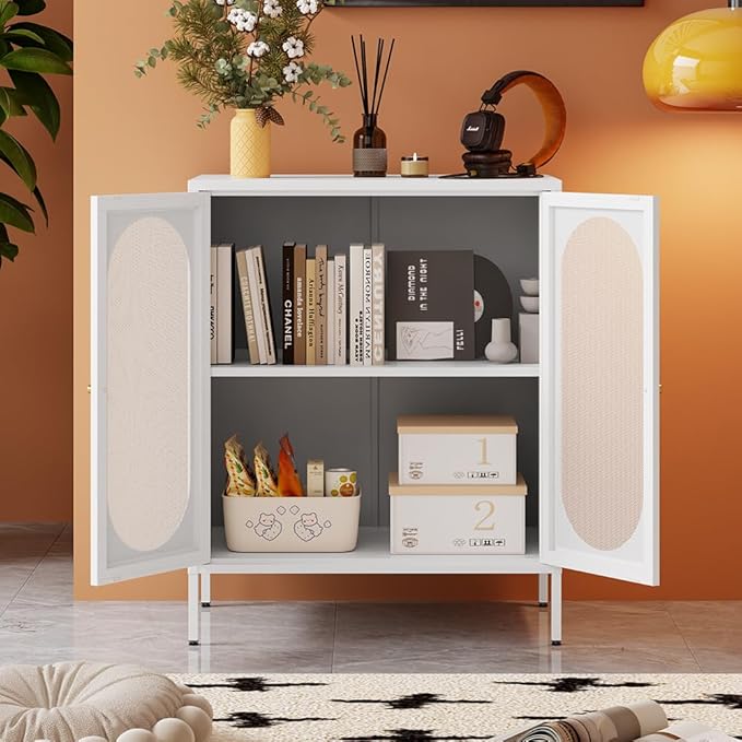 2 Door Metal Mesh Storage Cabinet with 1 Adjustable Shelves-Steel Locker Cabinet for Living Room, Bedroom, Hallway, Office Room, Home, Hotel, Kitchen, Garage, 2-Tier (Mesh Door, White)