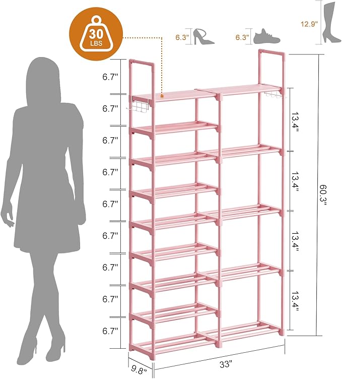 WOWLIVE 9 Tiers Shoe Rack Shoe Storage Shoe Organizer 30-35 Pairs Shoe Tower Unit Shelf Durable Metal Pipes with Plastic Connectors Stackable Cabinet Pink-NeatNest